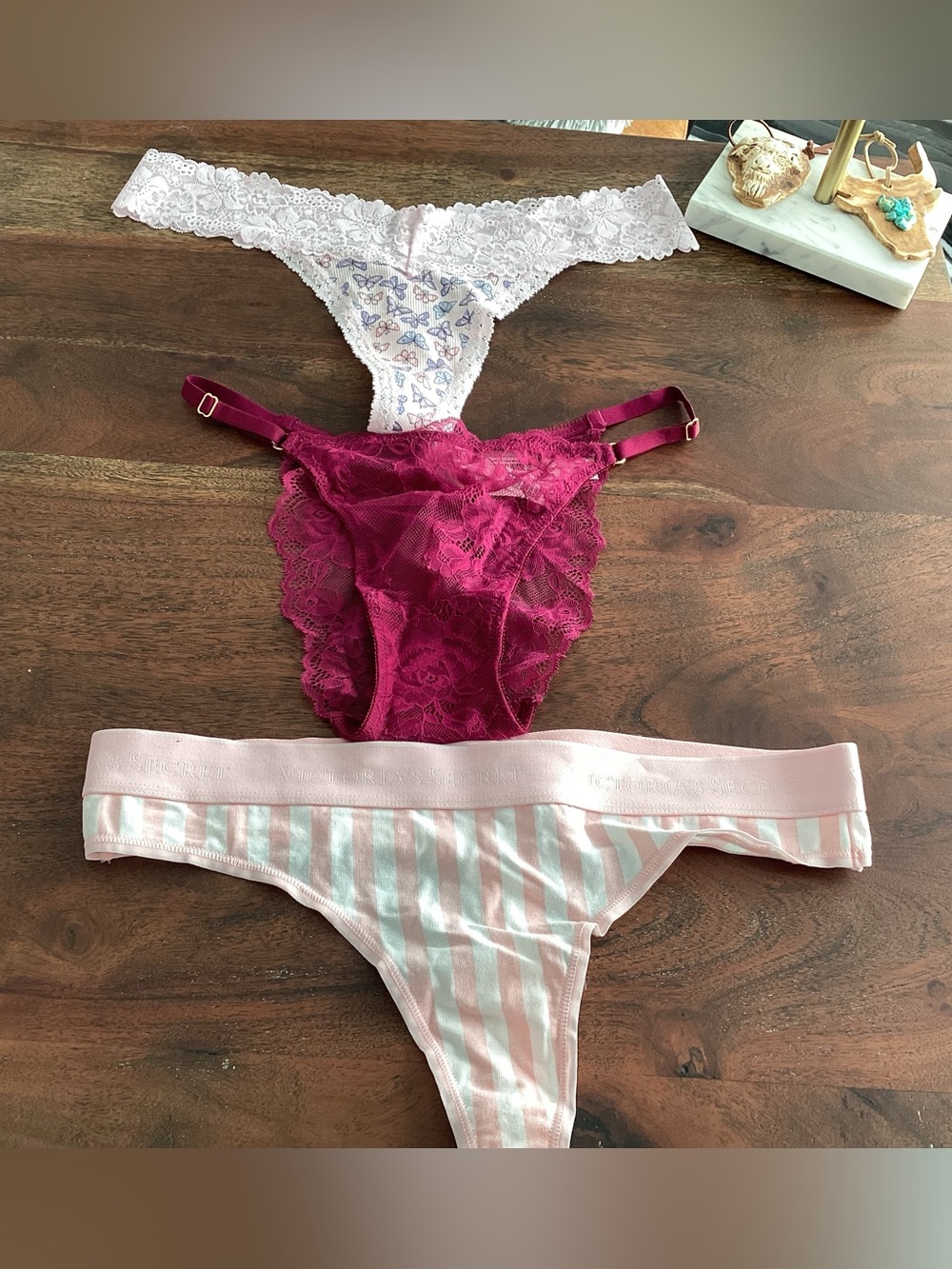 Victoria's Secret White Lace, Burgundy Lace & Pink Striped Thongs Trio - Set 3